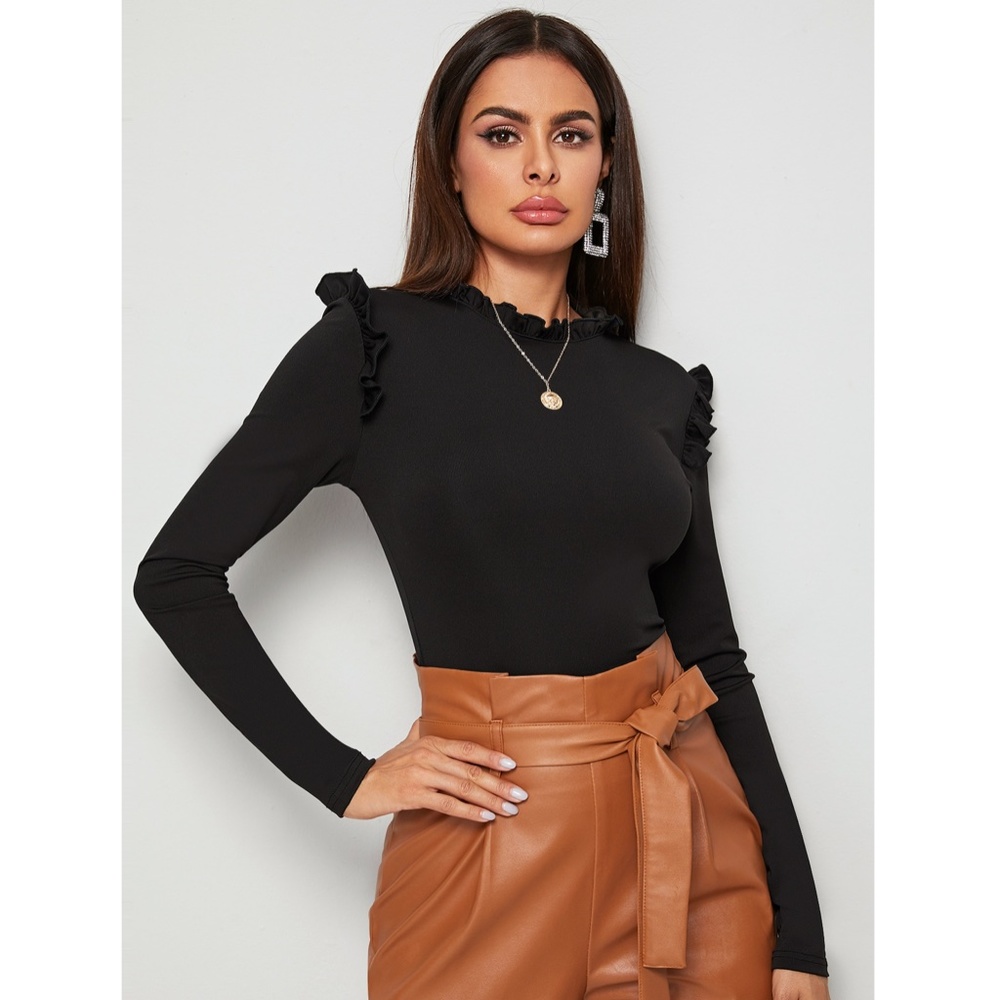 Ruffle Detail Black Long Sleeve Shirt - Picture 2 of 5